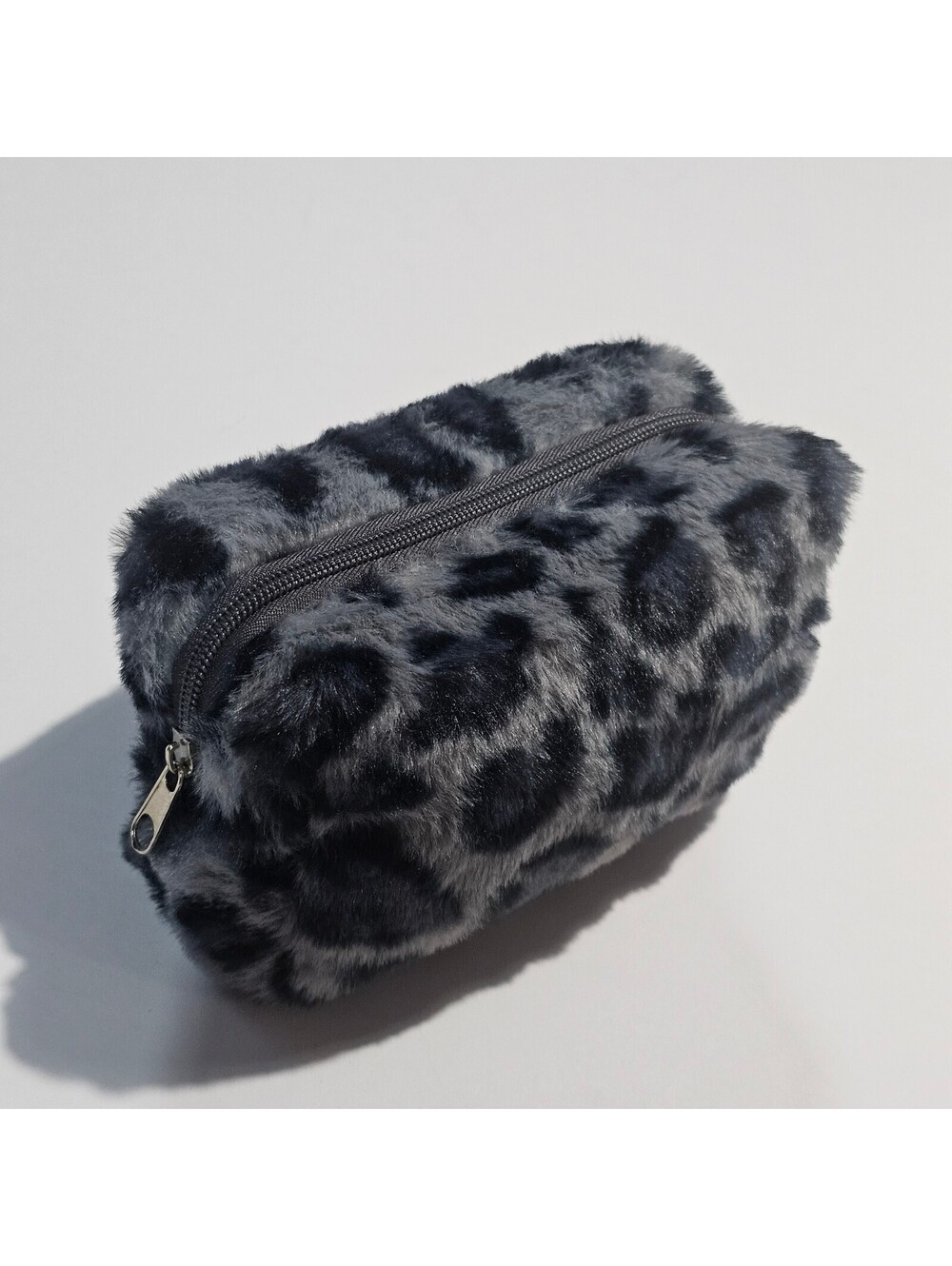 Gray Leopard Print Faux Fur Lightweight Cosmetic Bag